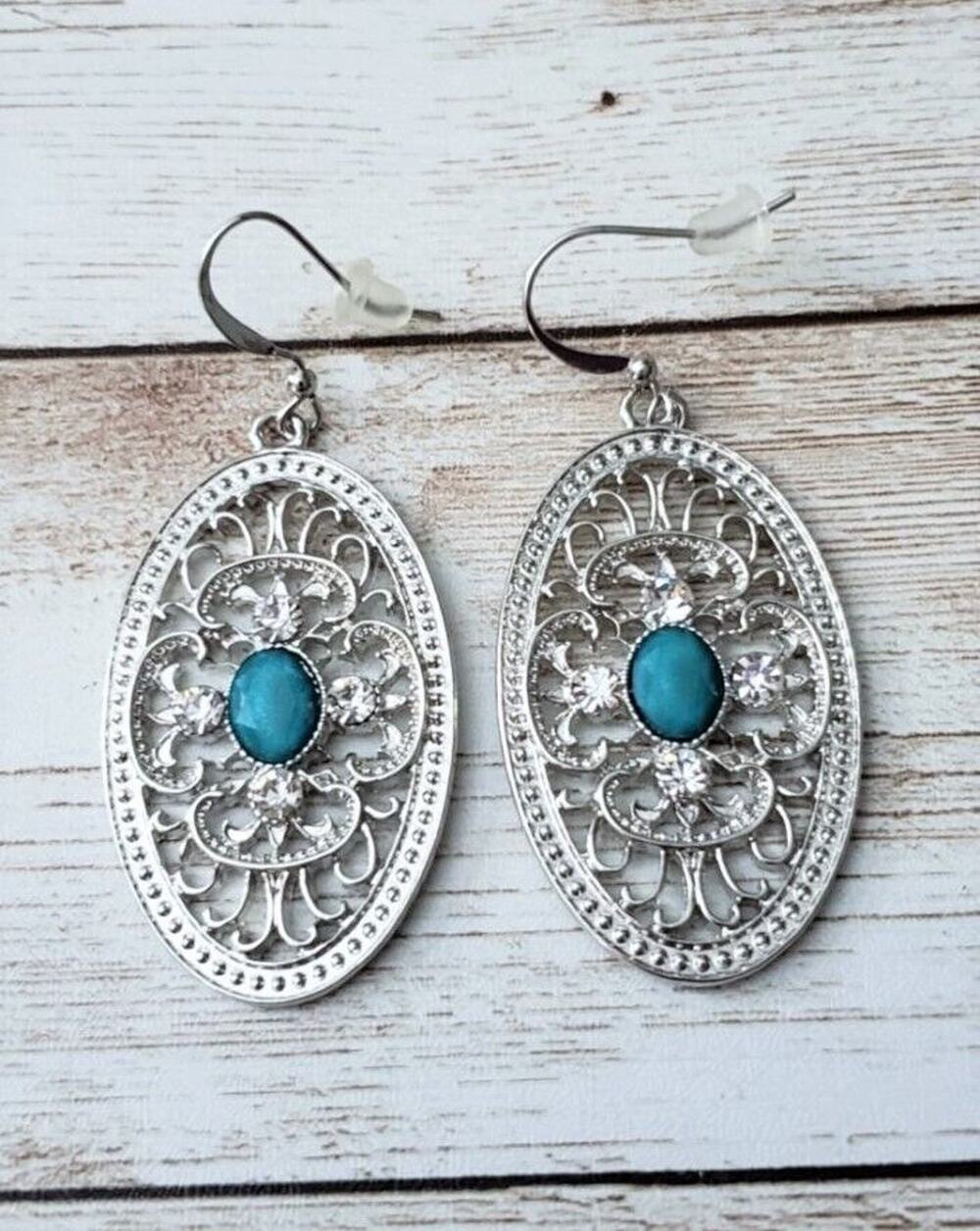 Silver Tone Ornate Dangle with Turquoise Tone & Clear Gems Large - New